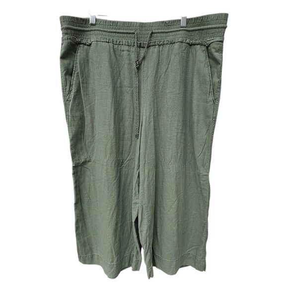 Olive Green Linen Blend Cropped Pull On Pants XXL (20) Lagenlook Elastic Waist - Picture 1 of 7